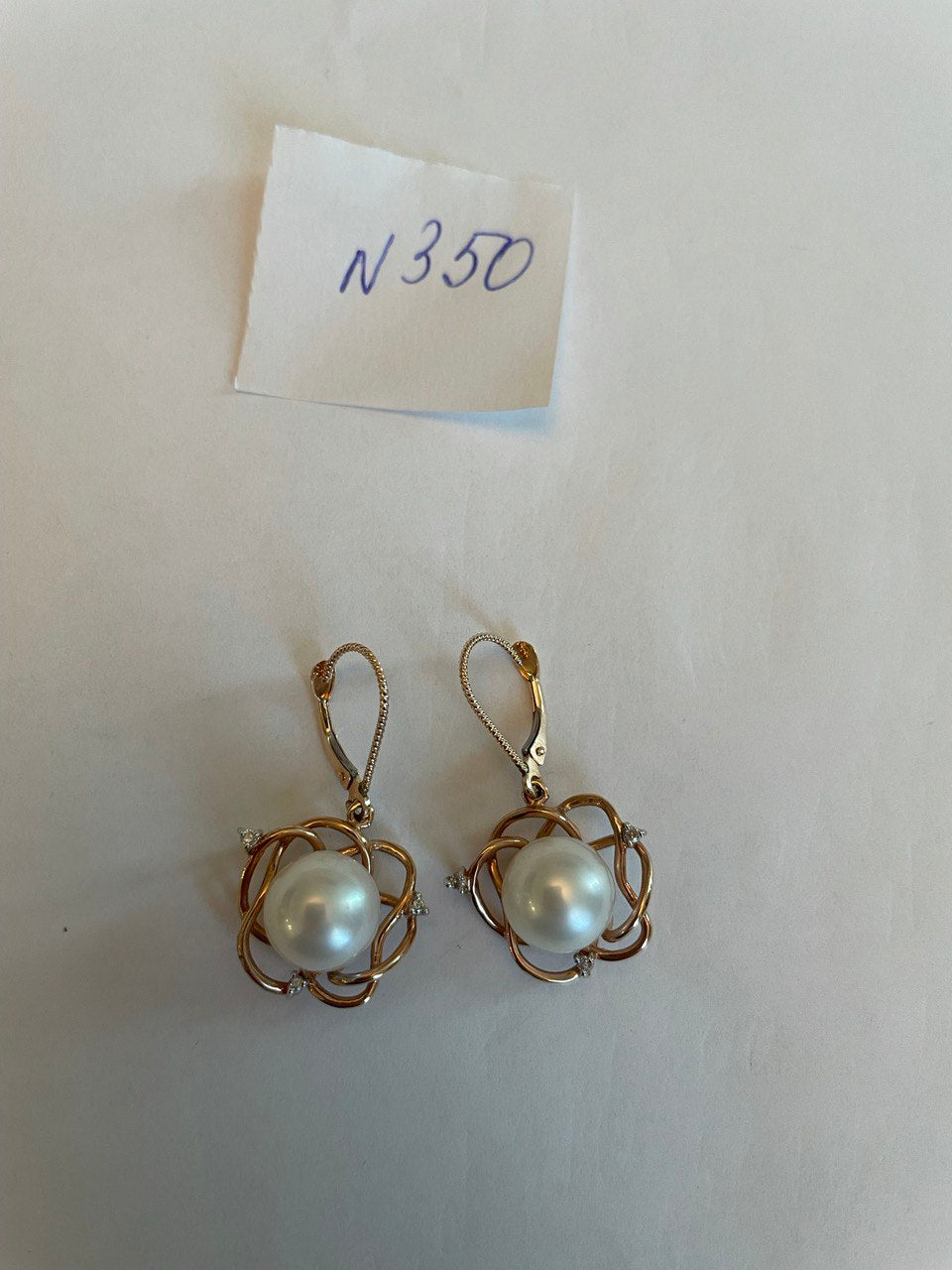 Round White Pearl 14K Yellow Gold Dangle Drop Earrings