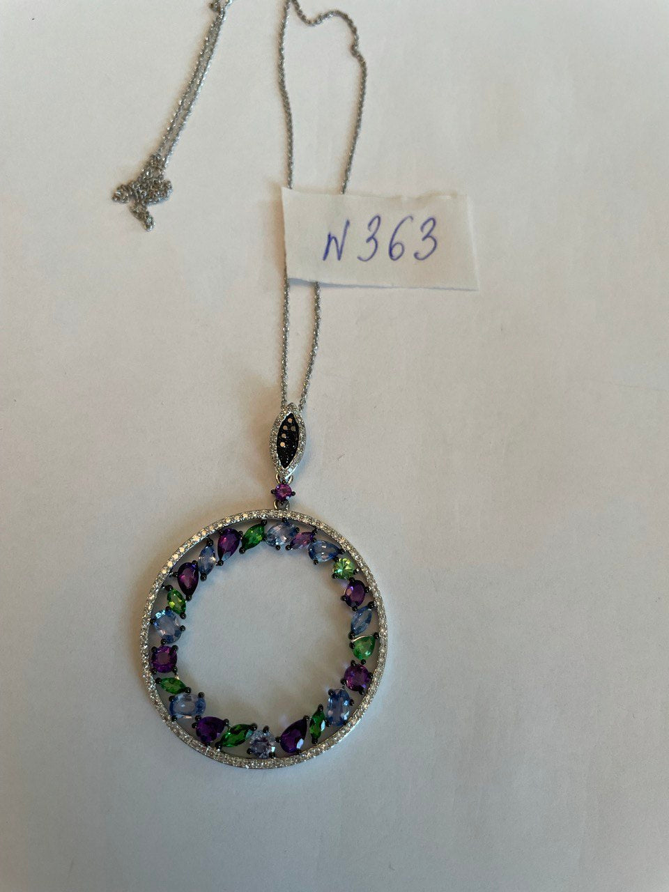 Amethyst Green Tsavorite Blue Sapphire Diamonds 14K White Gold Pendant Necklace