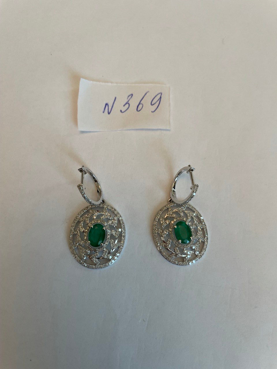 Oval Green Emerald Diamond Halo Lattice 14K White Gold Statement Drop Earrings