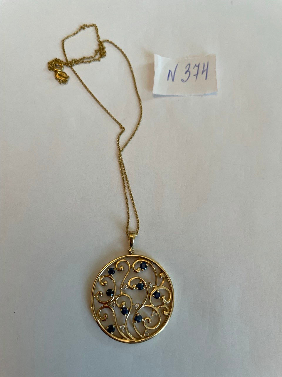 Blue Sapphire White Diamonds Floral Tree Nature 14K Yellow Gold Pendant Necklace