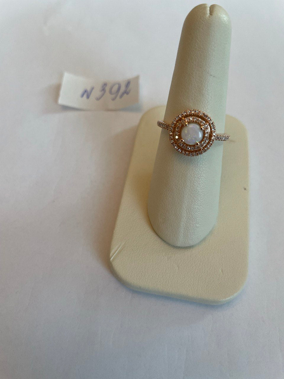 Round White Opal Double Diamond Halo 14K Rose Gold Statement Ring