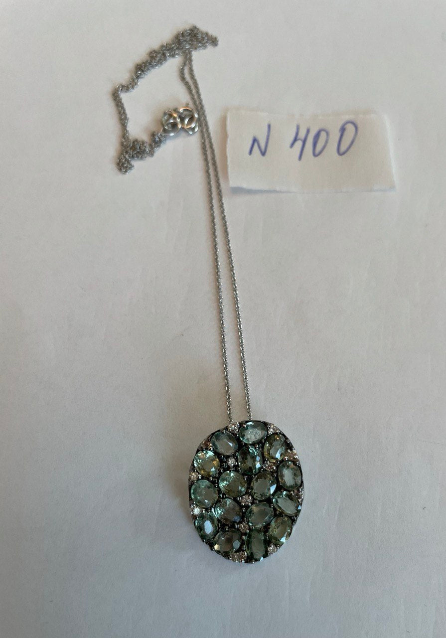 Green Sapphires Pave Set Diamonds 14K White Gold Pendant Necklace