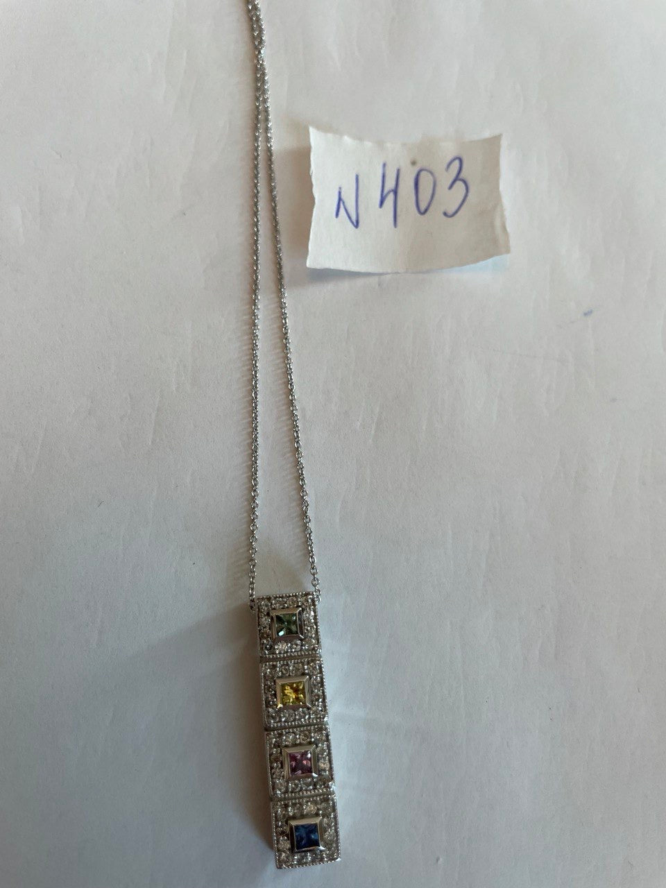 Square Shape Multi Color Sapphires Diamond Halo 14K White Gold Pendant Necklace