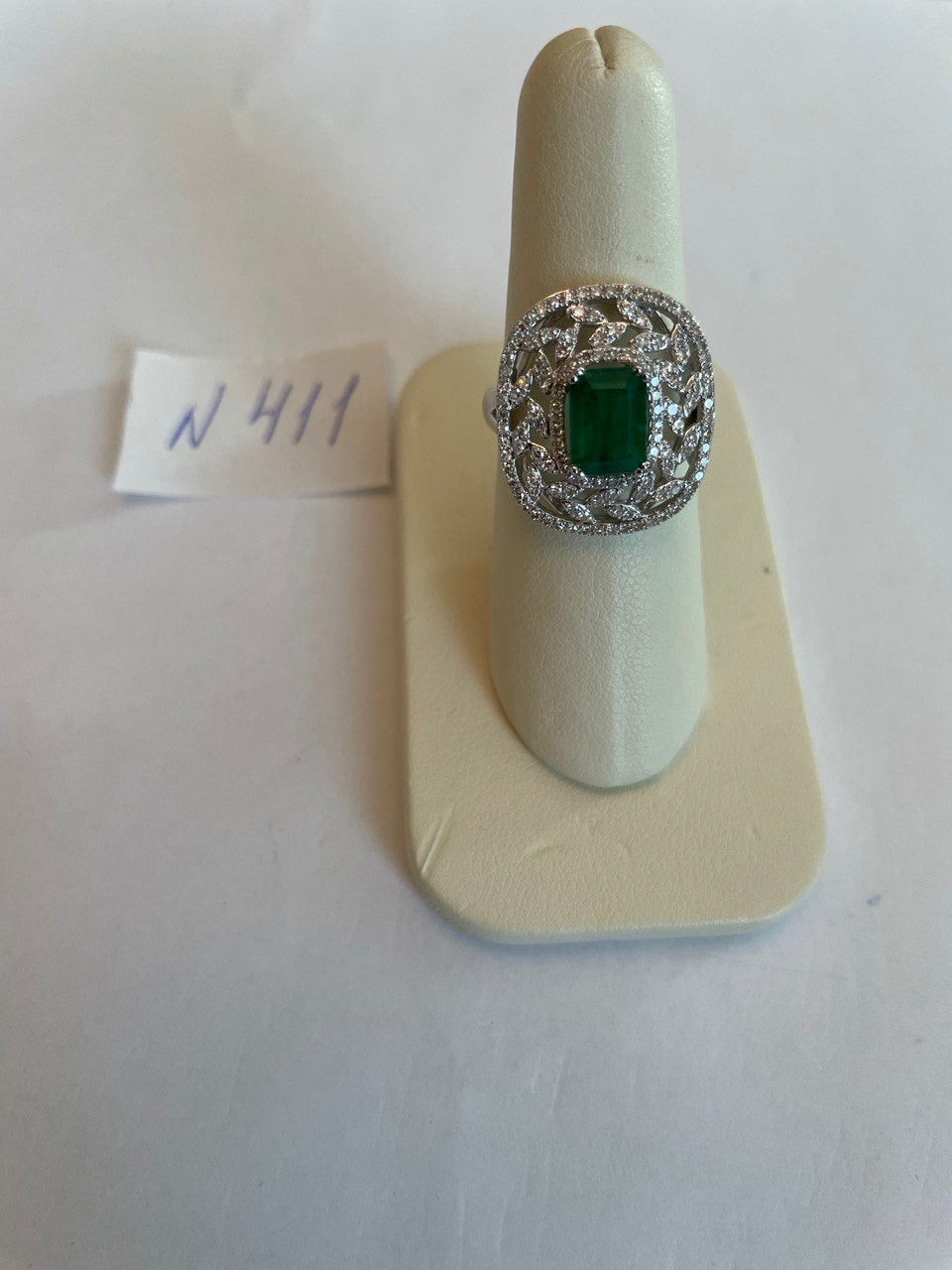 Green Emerald Diamonds Halo Lattice Scroll 14K White Gold Statement Classic Ring