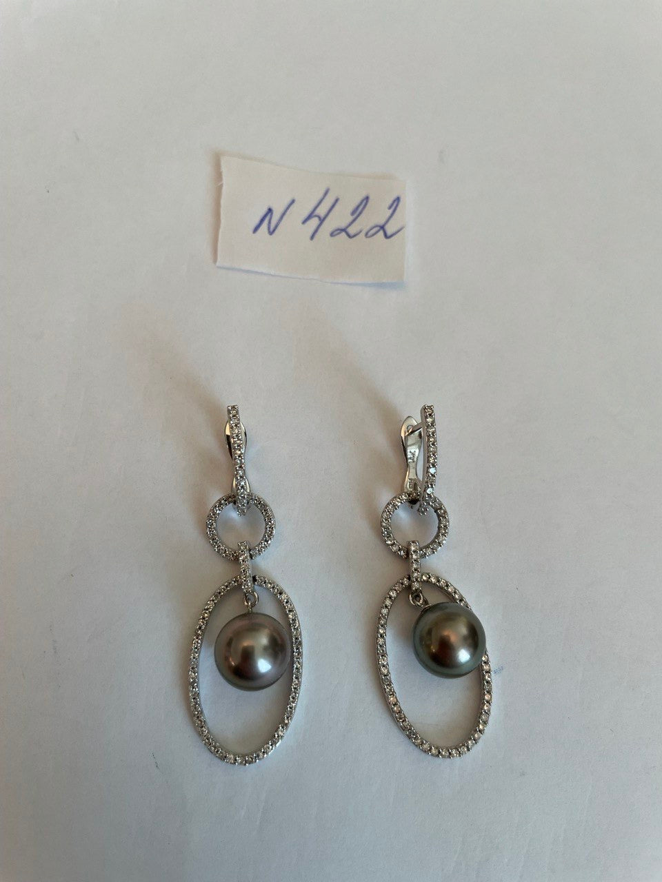 Silver Grey Black Tahitian Pearl Diamonds 14K White Gold Drop Dangle Earrings