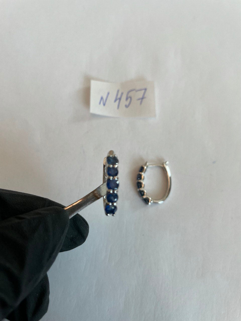 Blue Sapphire Medium Huggie Hoops 14K White Gold Statement Classic Earrings