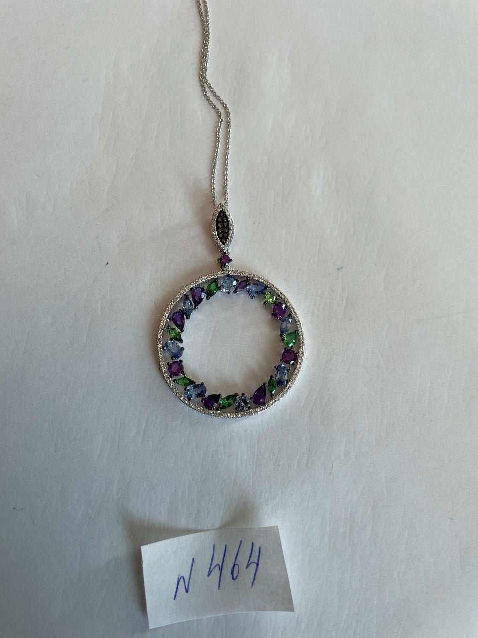 Amethyst Green Tsavorite Blue Sapphire Diamonds 14K White Gold Pendant Necklace