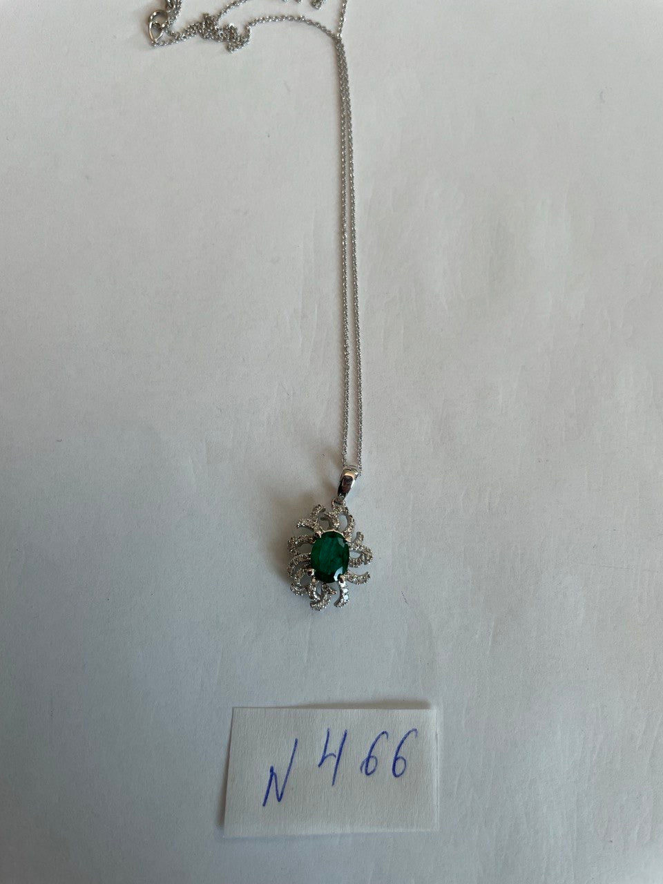 Oval Cut Green Emerald Diamond Pave Halo Coral 14K White Gold Pendant Necklace