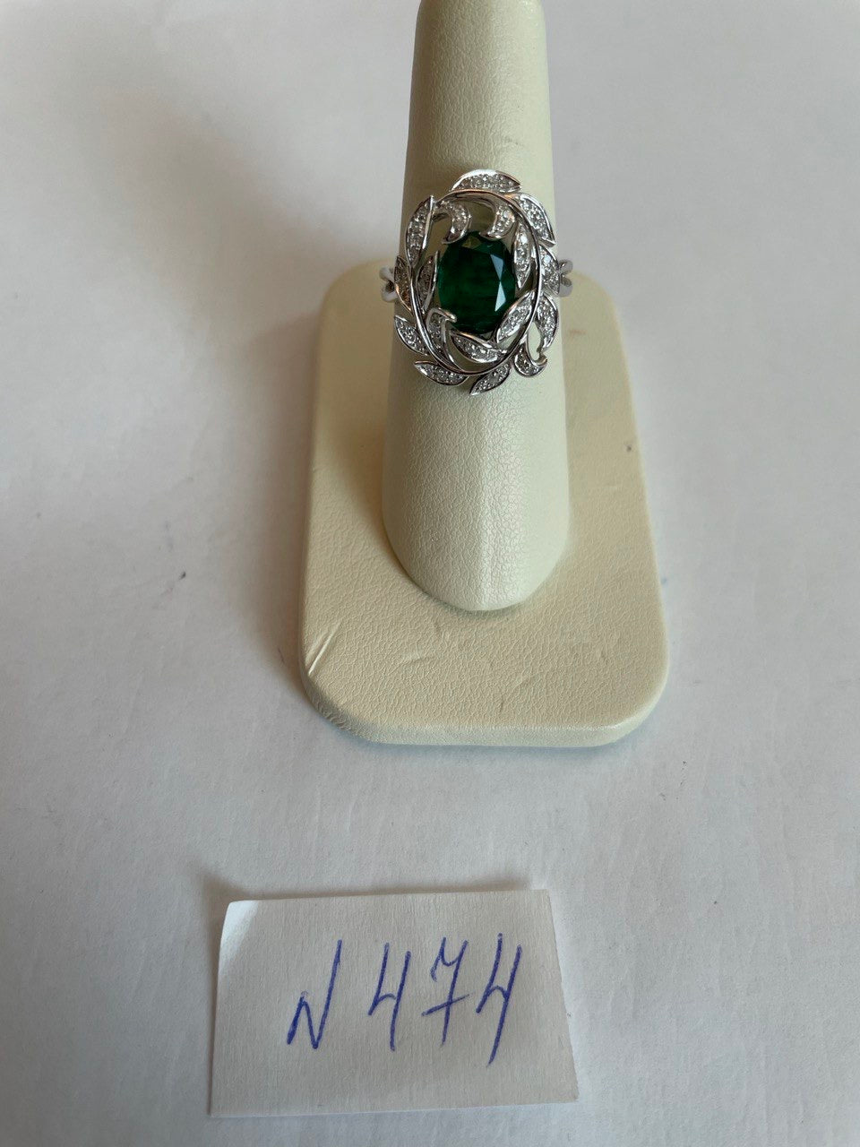 Olive Leaf Branch Motif Green Emerald Diamond Pave 14K White Gold Statement Ring