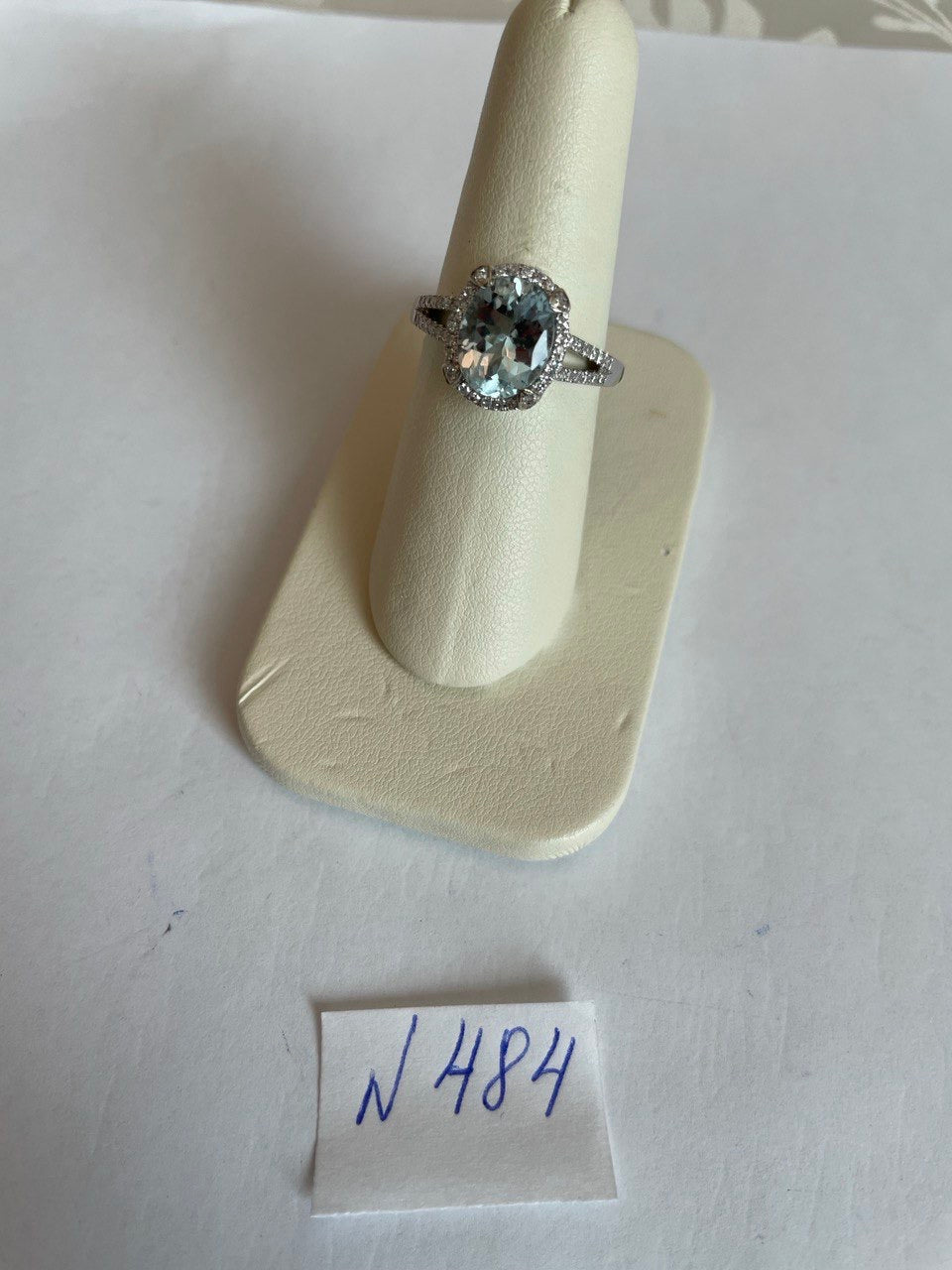 Oval Cut Blue Aquamarine Diamond Halo Pave 14K White Gold Statement Ring