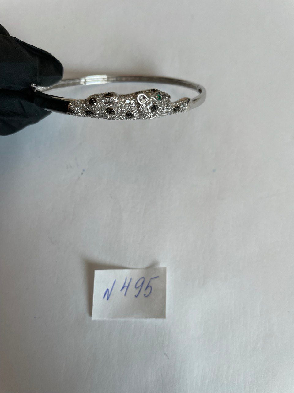 White Snow Leopard Panther Diamond Pave 14K White Gold Hinge Bangle Bracelet