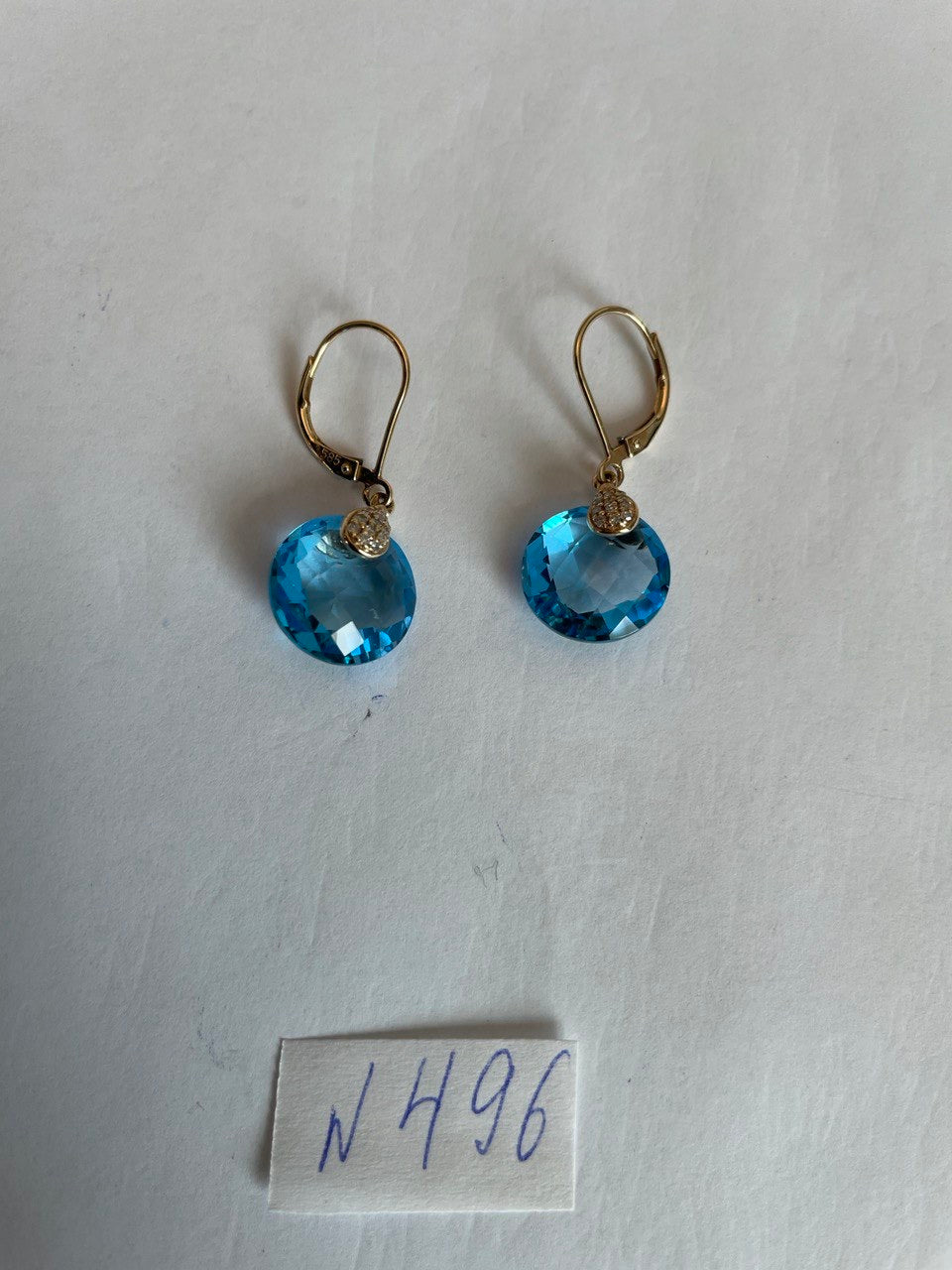 Round Shape Circle Cut Swiss Blue Topaz Diamond 14K Yellow Gold Drop Earrings