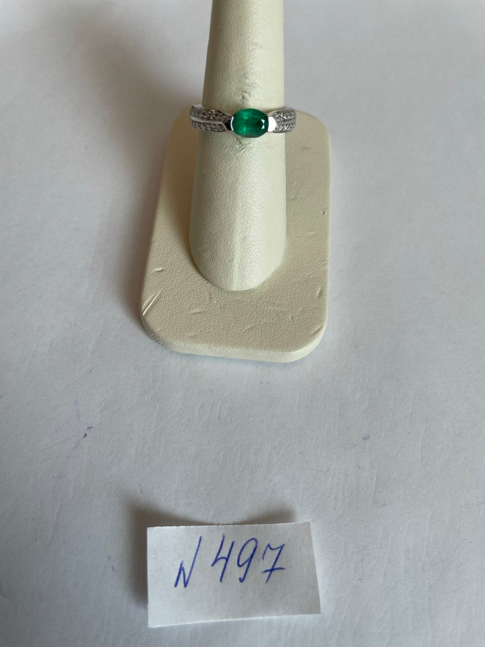 Green Emerald Oval Shape Diamond Channel Set 14K White Gold Statement Ring