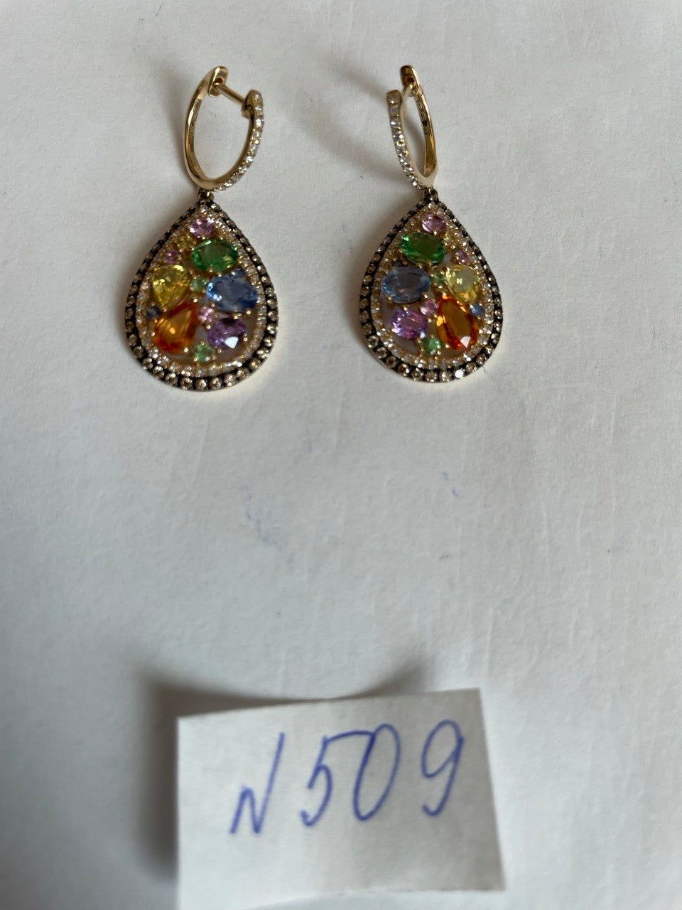 Multicolor Rainbow Sapphires Diamond 14K Yellow Gold Statement Drop Earrings
