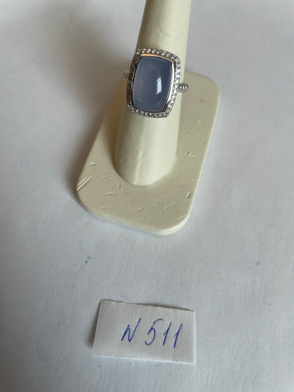 Blue Violet Chalcedony Diamond Halo 14K White Gold Statement Huggie Ring