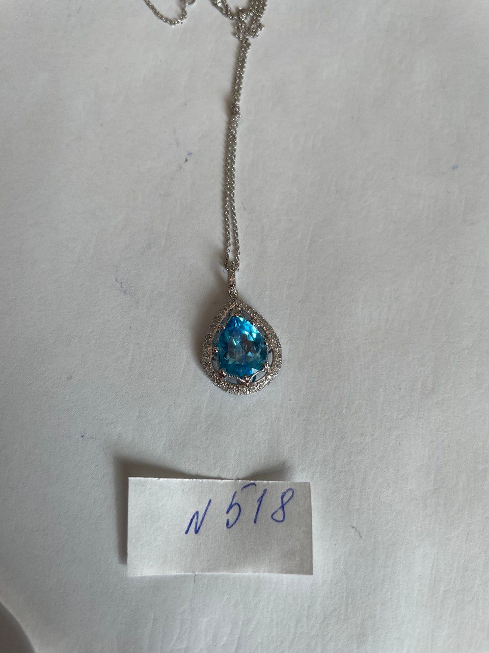 Pear Tear Drop Shape Swiss Blue Topaz Diamond Halo White Gold Pendant Necklace