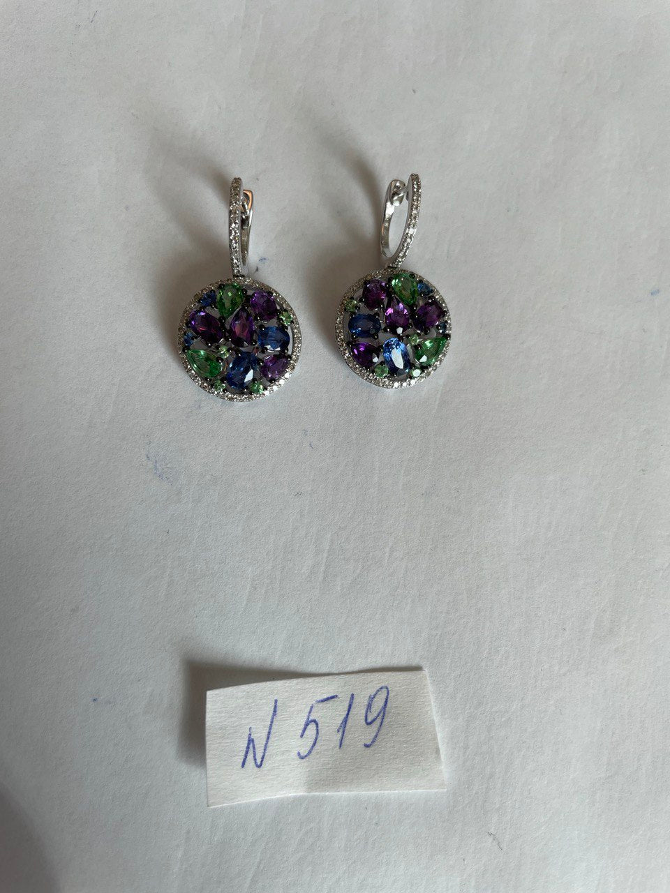 Purple Amethyst Green Tsavorite Blue Sapphire Black Diamonds White Gold Earrings