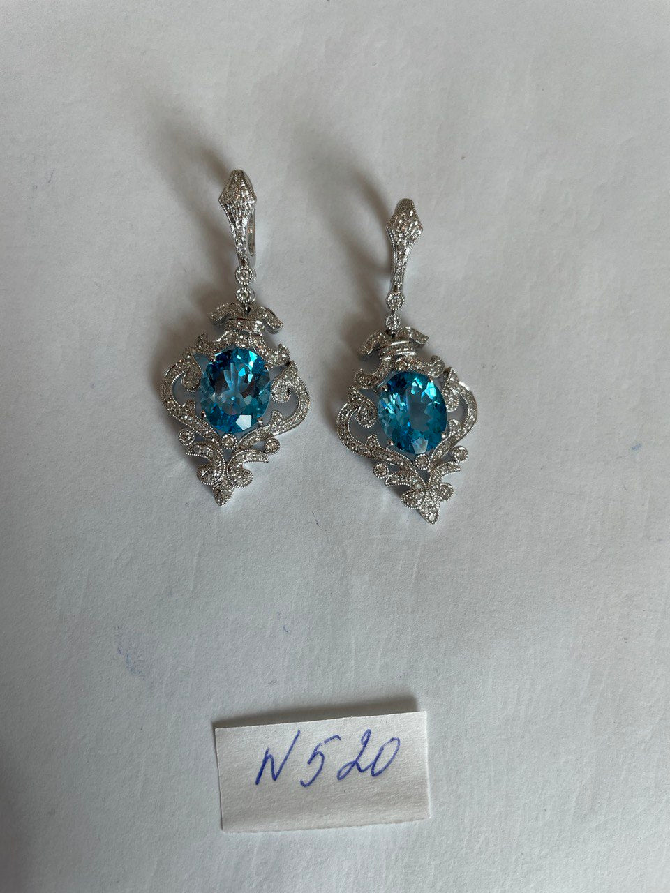 Swiss Blue Topaz White Diamonds 14K White Gold Statement Scroll Earrings