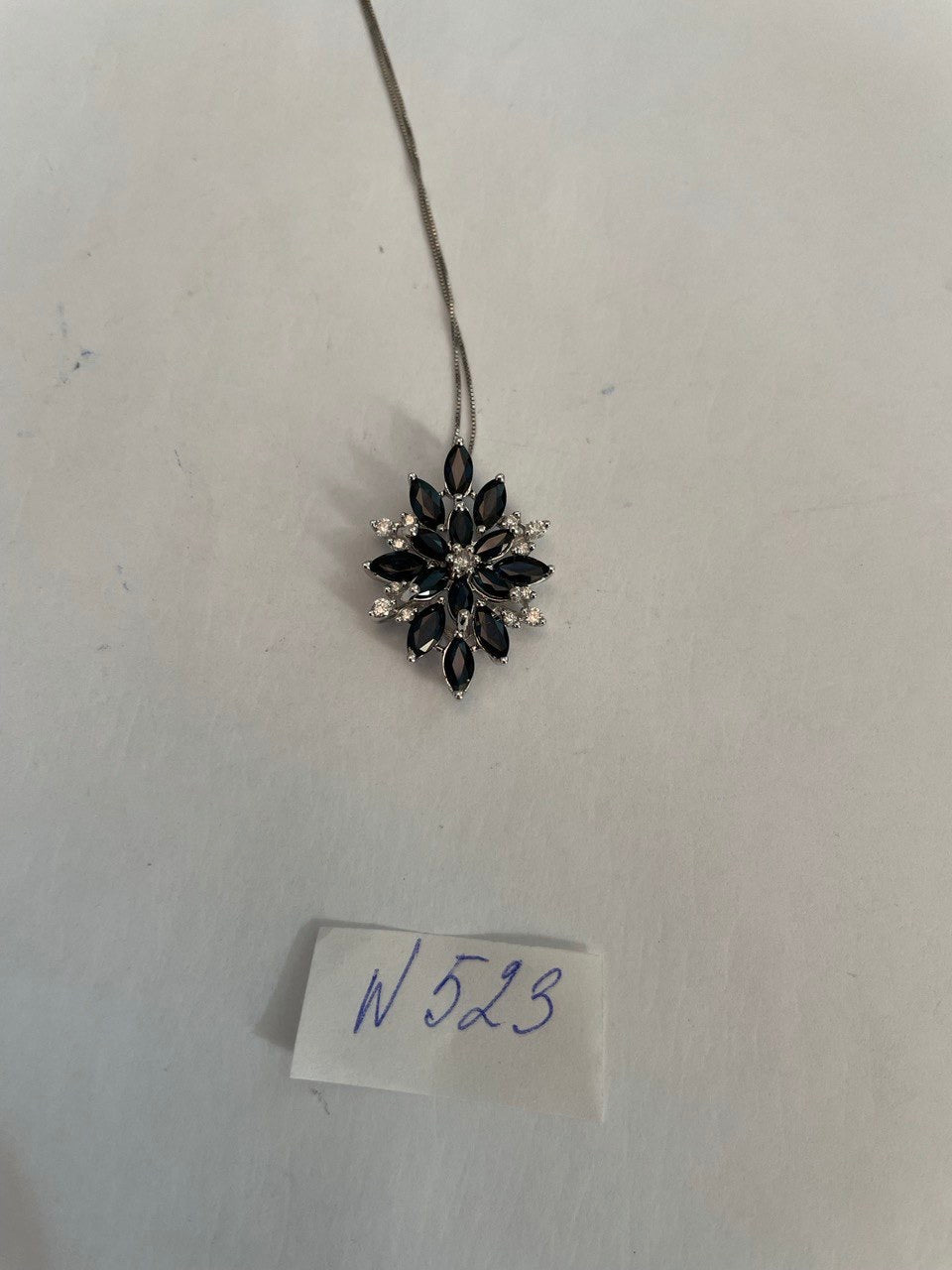 Blue Sapphire Marquise Cut Snowflake Flower Floral White Gold Pendant Necklace