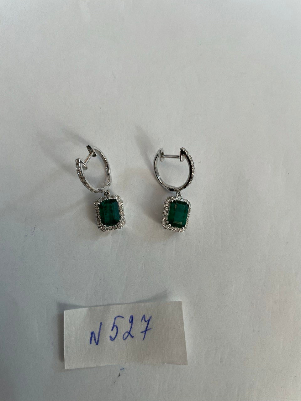 Green Emerald Diamond Halo Set 14K White Gold Statement Drop Earrings