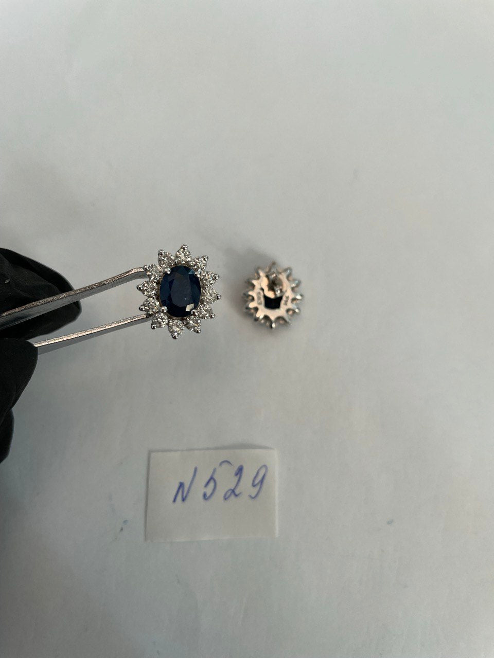 Blue Sapphire White Diamonds Halo Set Starburst 14K White Gold Stud Earrings