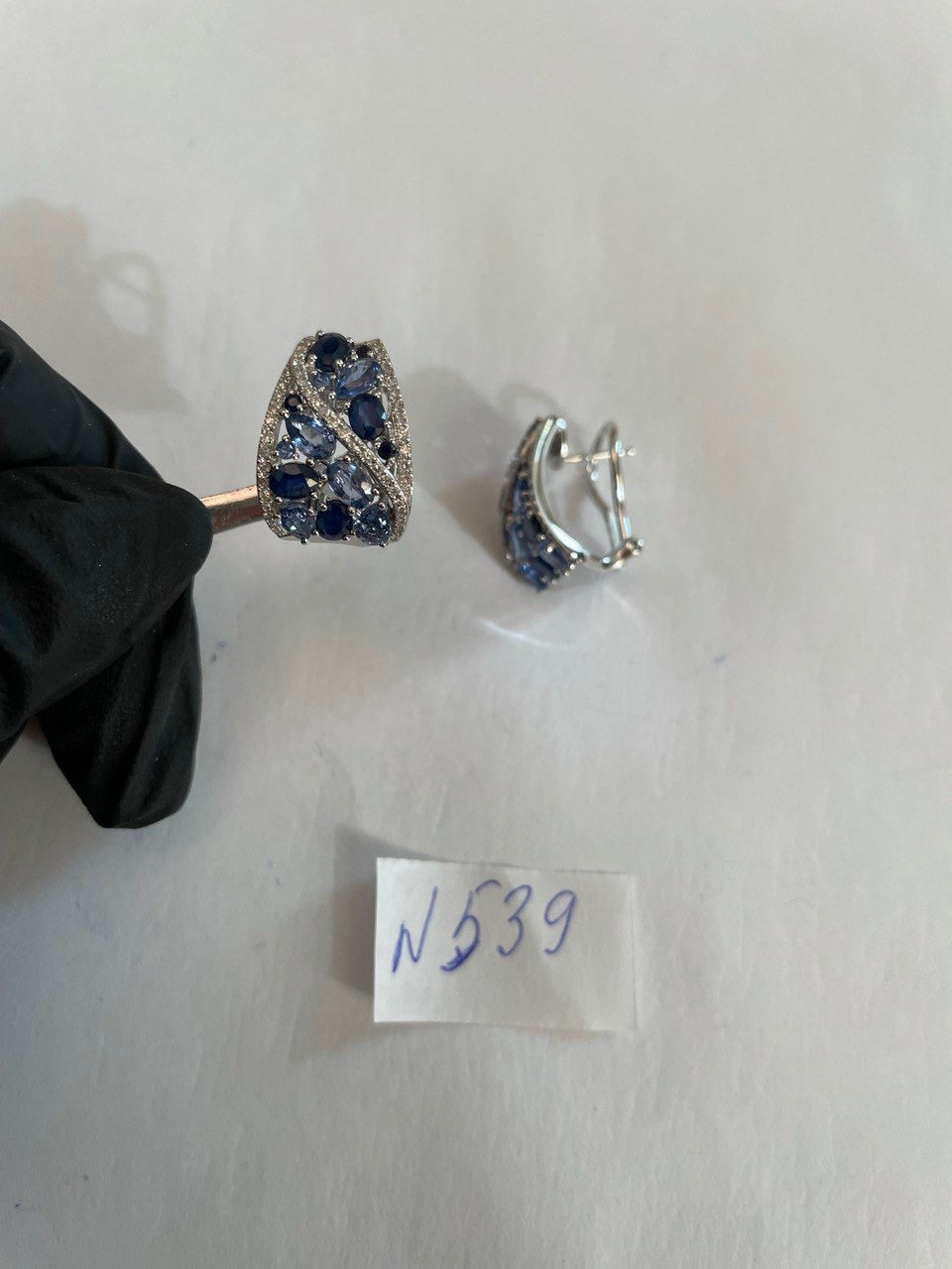 Light Dark Blue Sapphire Cluster White Diamond Pave 14K White Gold Earrings