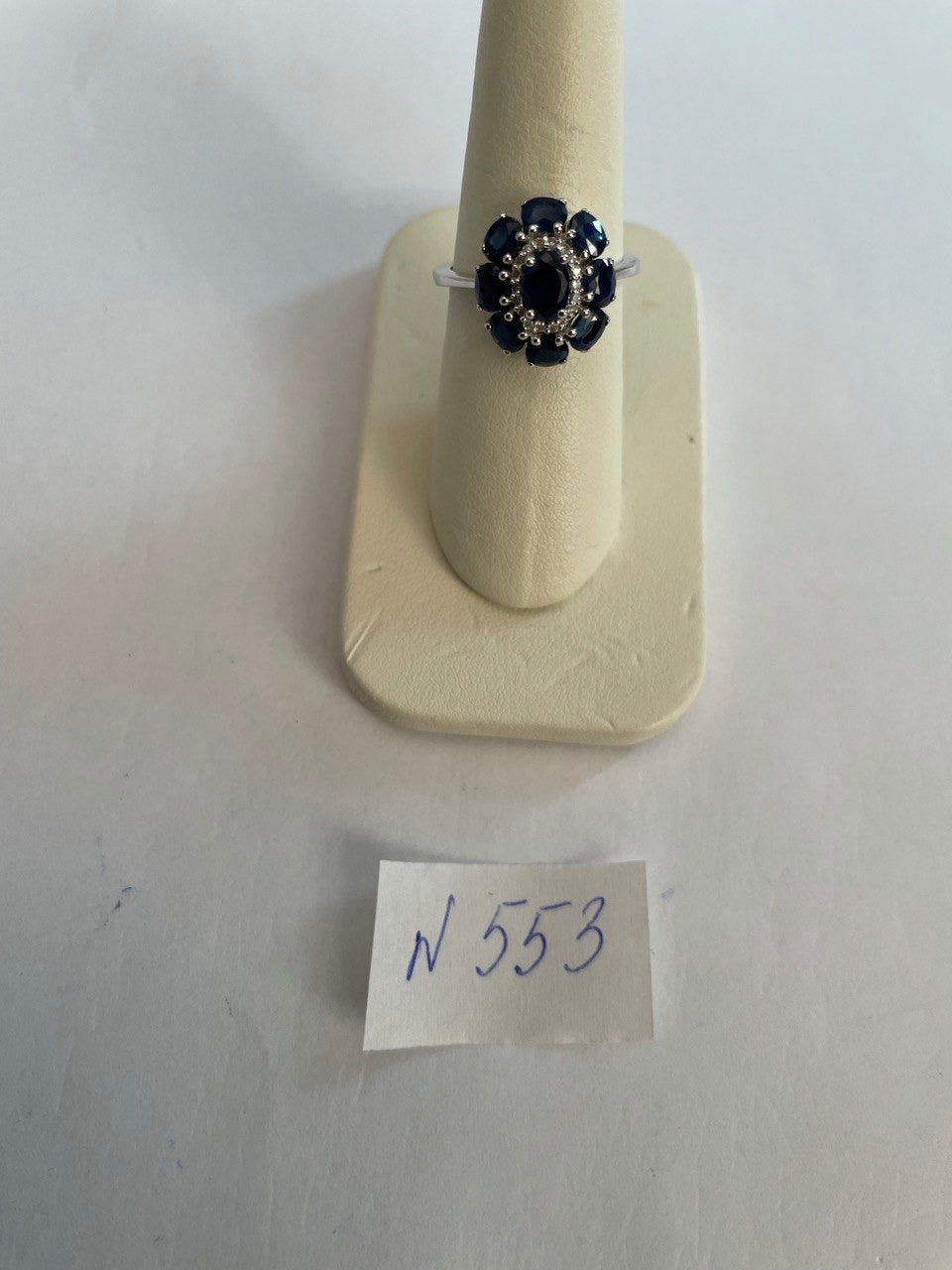 Blue Sapphire Diamond Halo Floral Flower Shape 14K White Gold Statement Ring