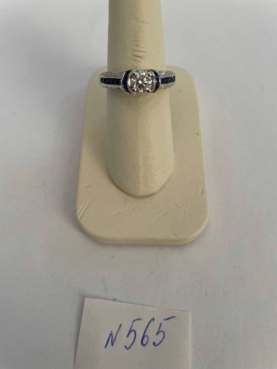 Round Shape Brilliant Cut Diamond Blue Sapphire Channel Set 18K White Gold Ring