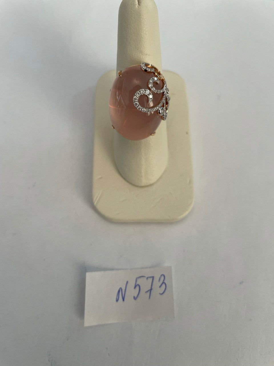 Oval Shape Pink Rose Quartz Cabochon Diamond Scroll 18K White Rose Gold Ring