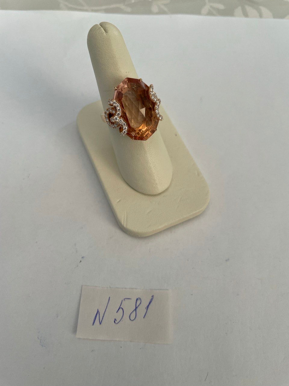 Fancy Shape Peach Pink Morganite Diamond Scroll Accents 18K Rose Gold Ring