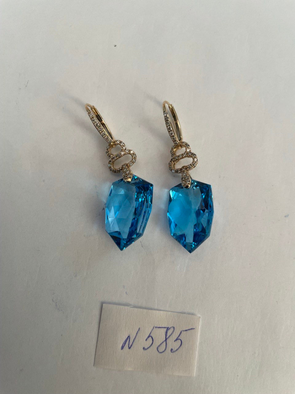Shield Kite Shape Swiss Blue Topaz Diamond Accent 14K Yellow Gold Drop Earrings