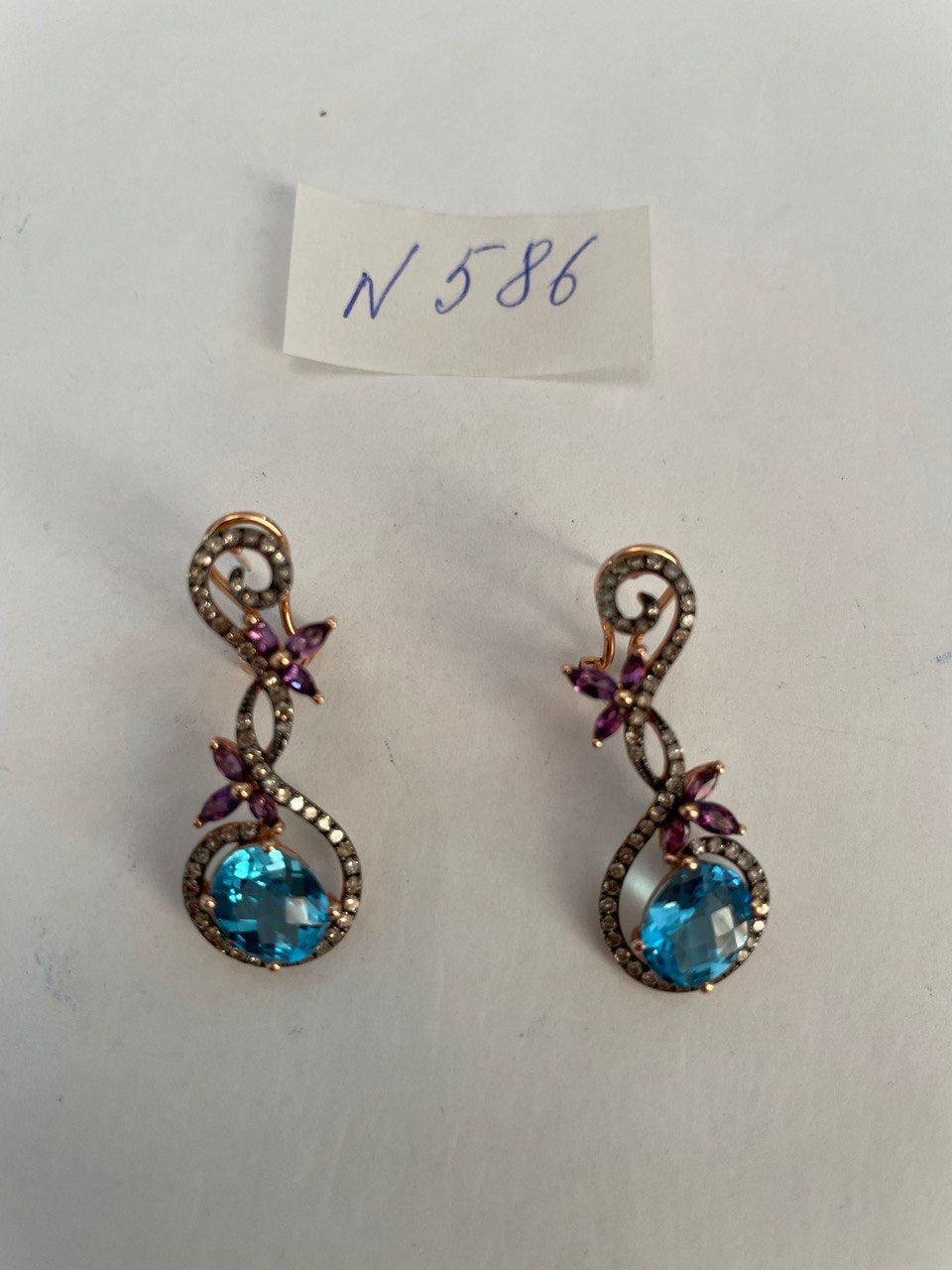 Swiss Blue Topaz Floral Flower Nature Branch Amethyst Motif Rose Gold Earrings