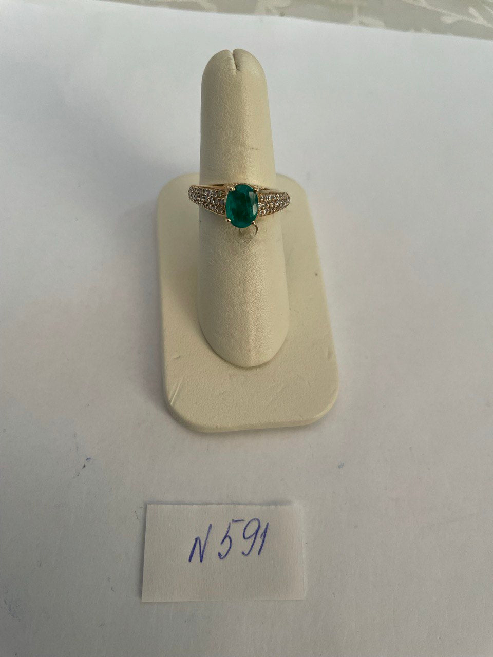 Oval Shape Green Emerald Diamond Pave Set 14K Yellow Gold Classic Ring