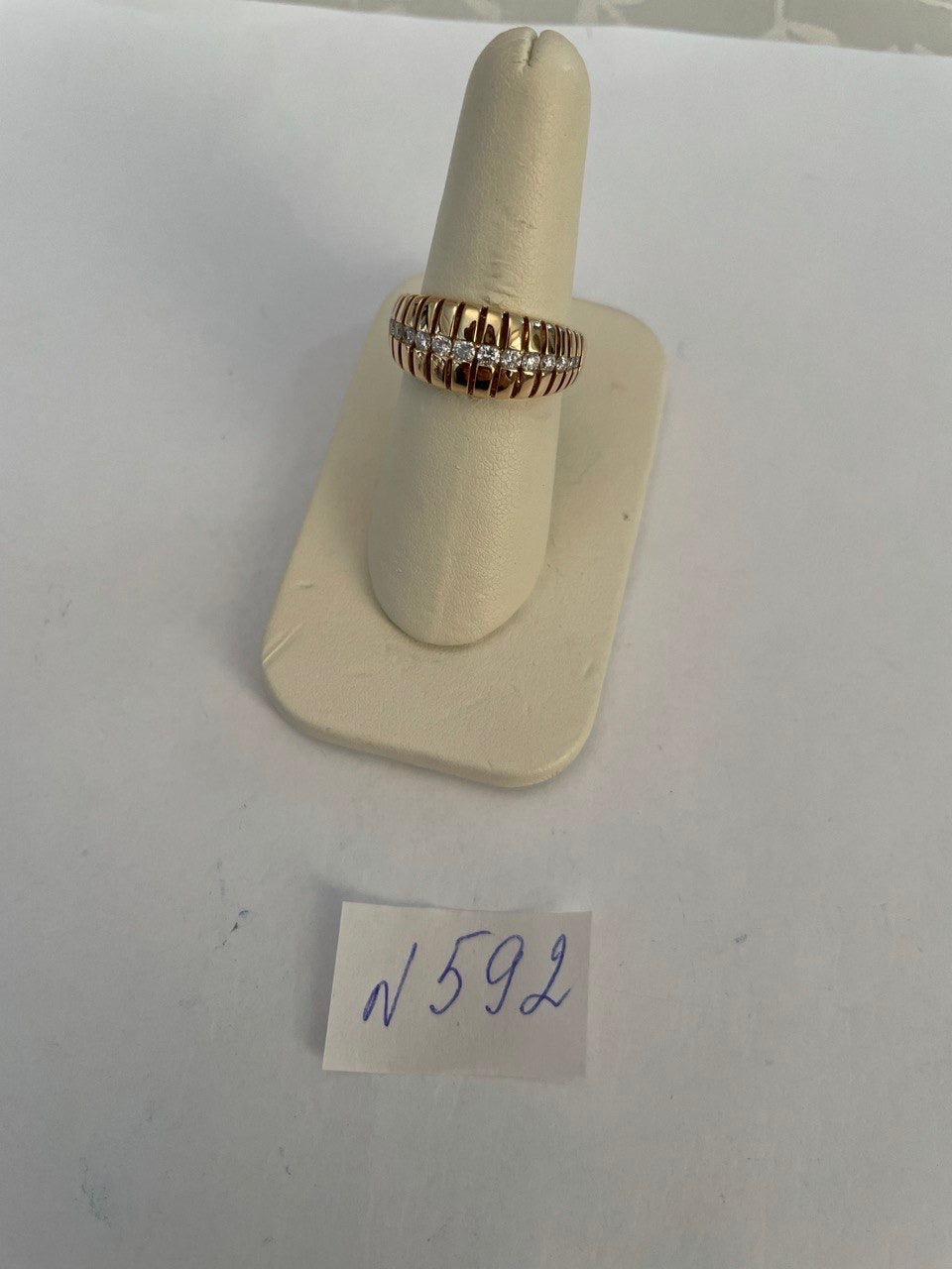 Unique Shape Diamond Channel Set 14K Yellow Gold Cocktail Grooved Dome Band Ring