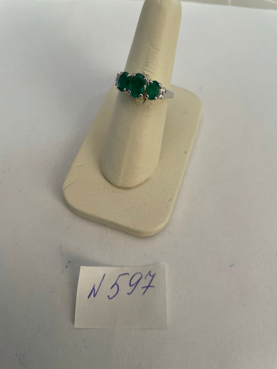 Oval Shape Three Stone Green Emerald Diamond Accent White Gold Statement Ring