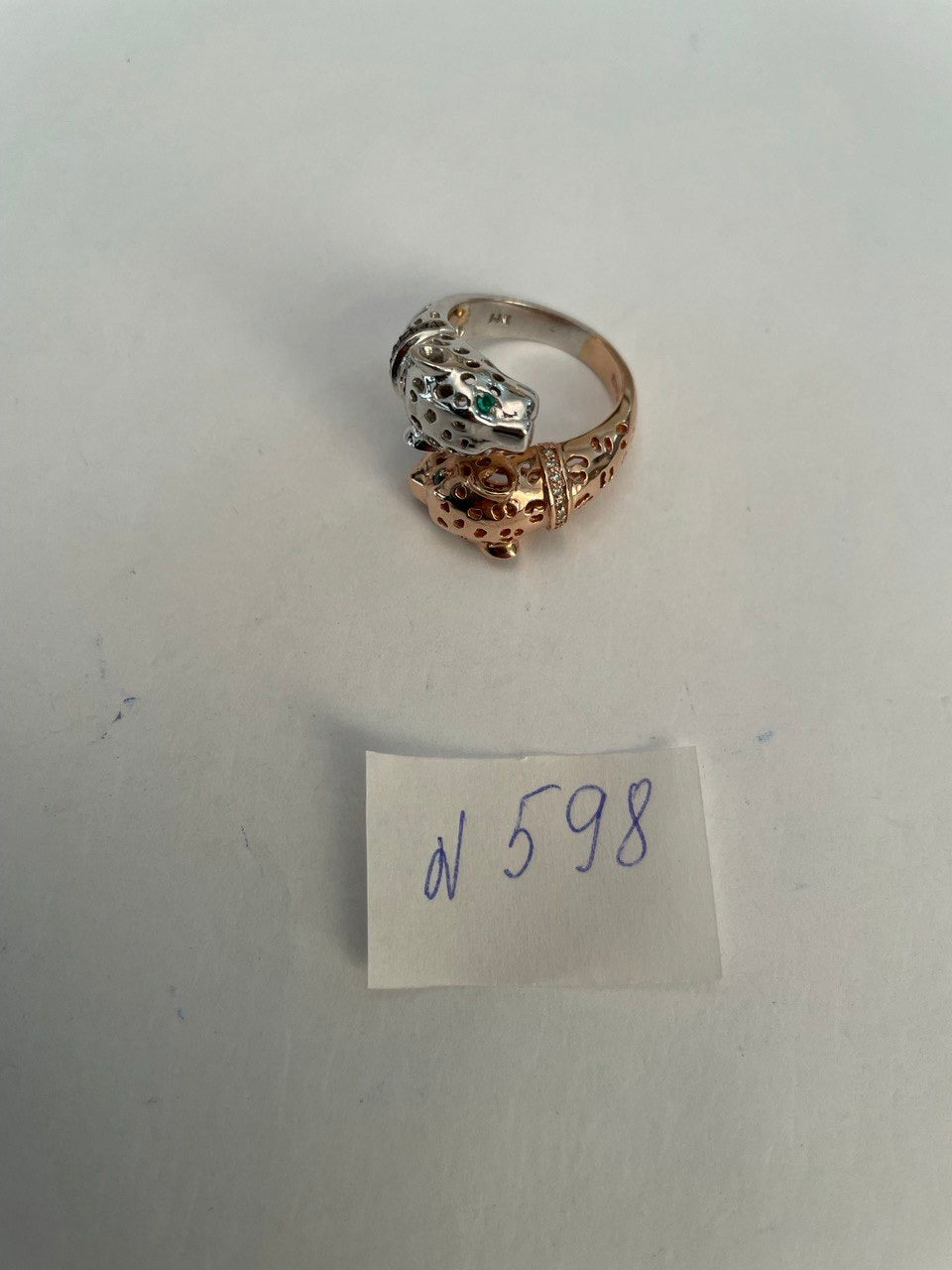 Two Tone Snow Leopard Golden Panther 14K Two Head Rose White Gold Statement Ring