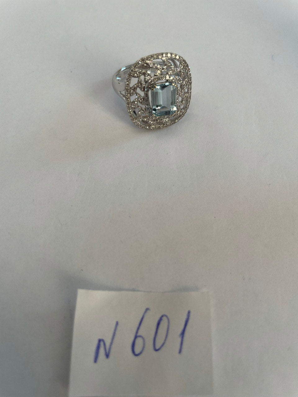 Rectangle Shape Blue Aquamarine & Diamond Halo Pave Set 14K White Gold Ring