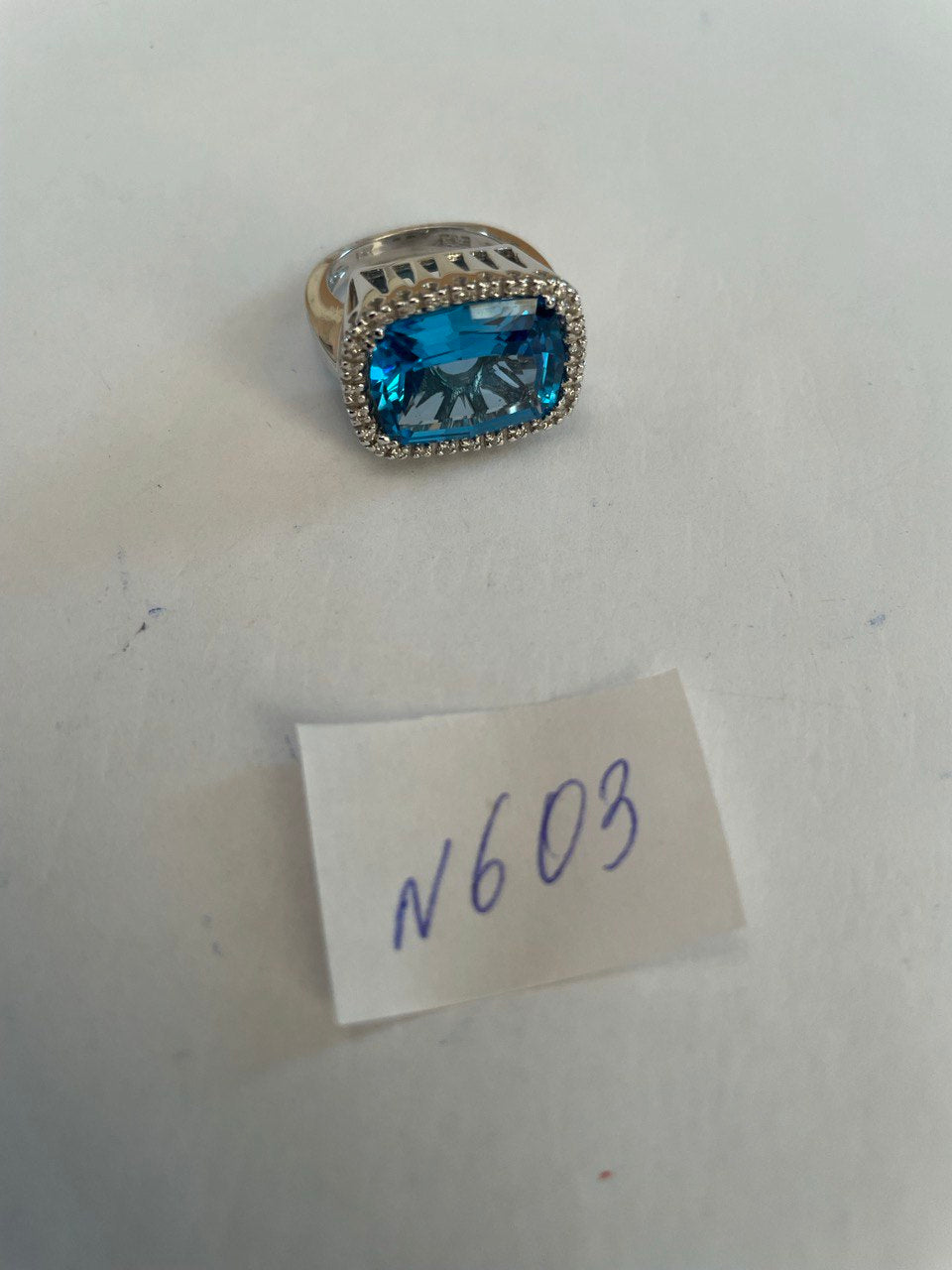 Cushion Shape Swiss Blue Topaz Diamonds Halo Jumbo 14K White Gold Cocktail Ring