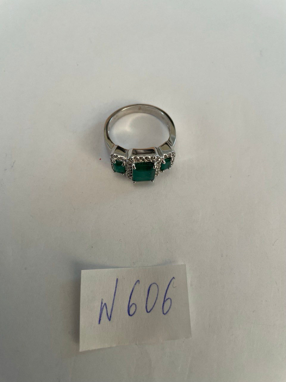 Three Stone Green Emerald & Diamond Halo 14K White Gold Classic Statement Ring
