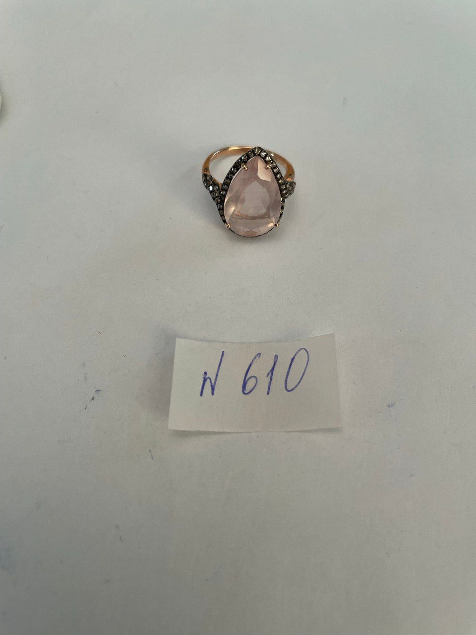 Pear Teardrop Shape Faceted Pink Rose Quartz Diamond Halo 14K Rose Gold Ring