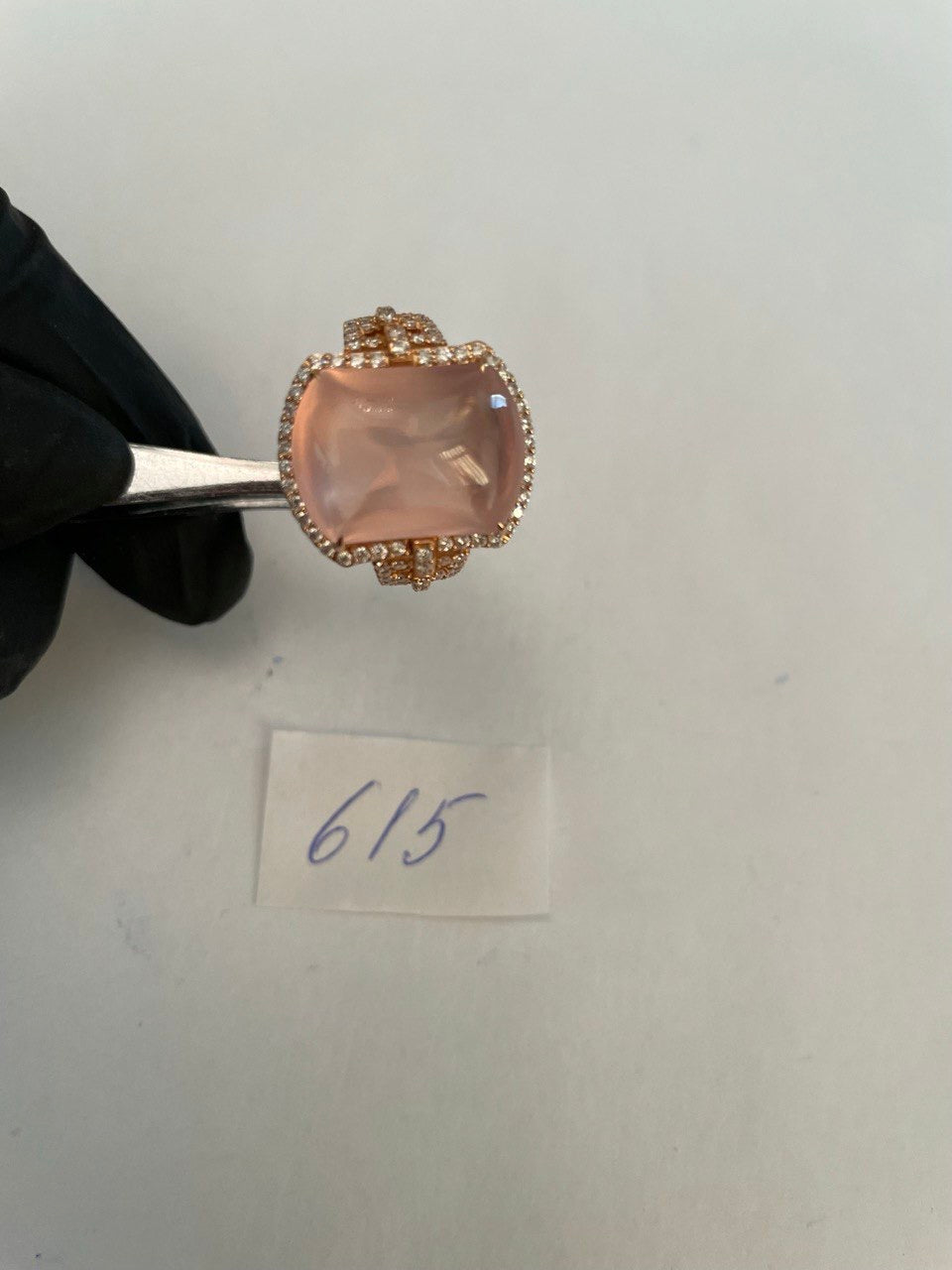 Pink Rose Quartz Cabochon Diamond Halo 18K Rose Gold Cocktail Unique Ring
