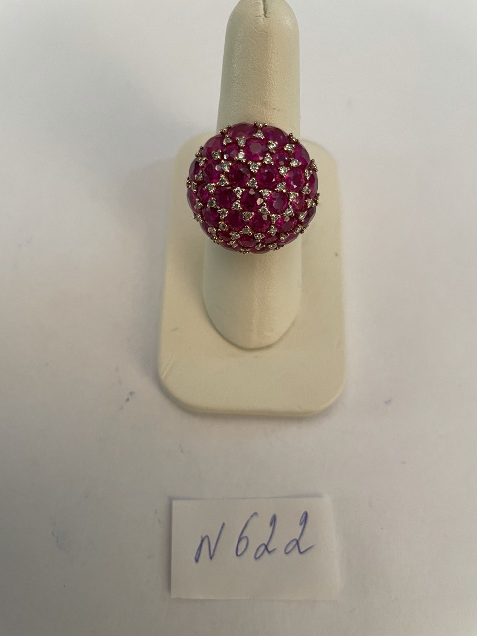 Pink Red Ruby Cabochon Cluster Diamond Pave Rose Gold Statement Cocktail Ring