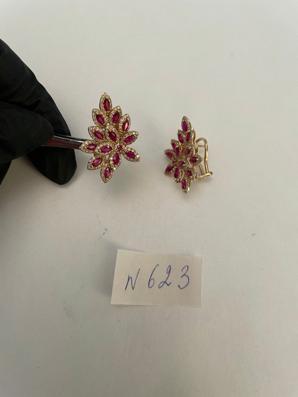 Marquise Shape Red Pink Ruby Diamond Halo 14K Yellow Gold Statement Earrings