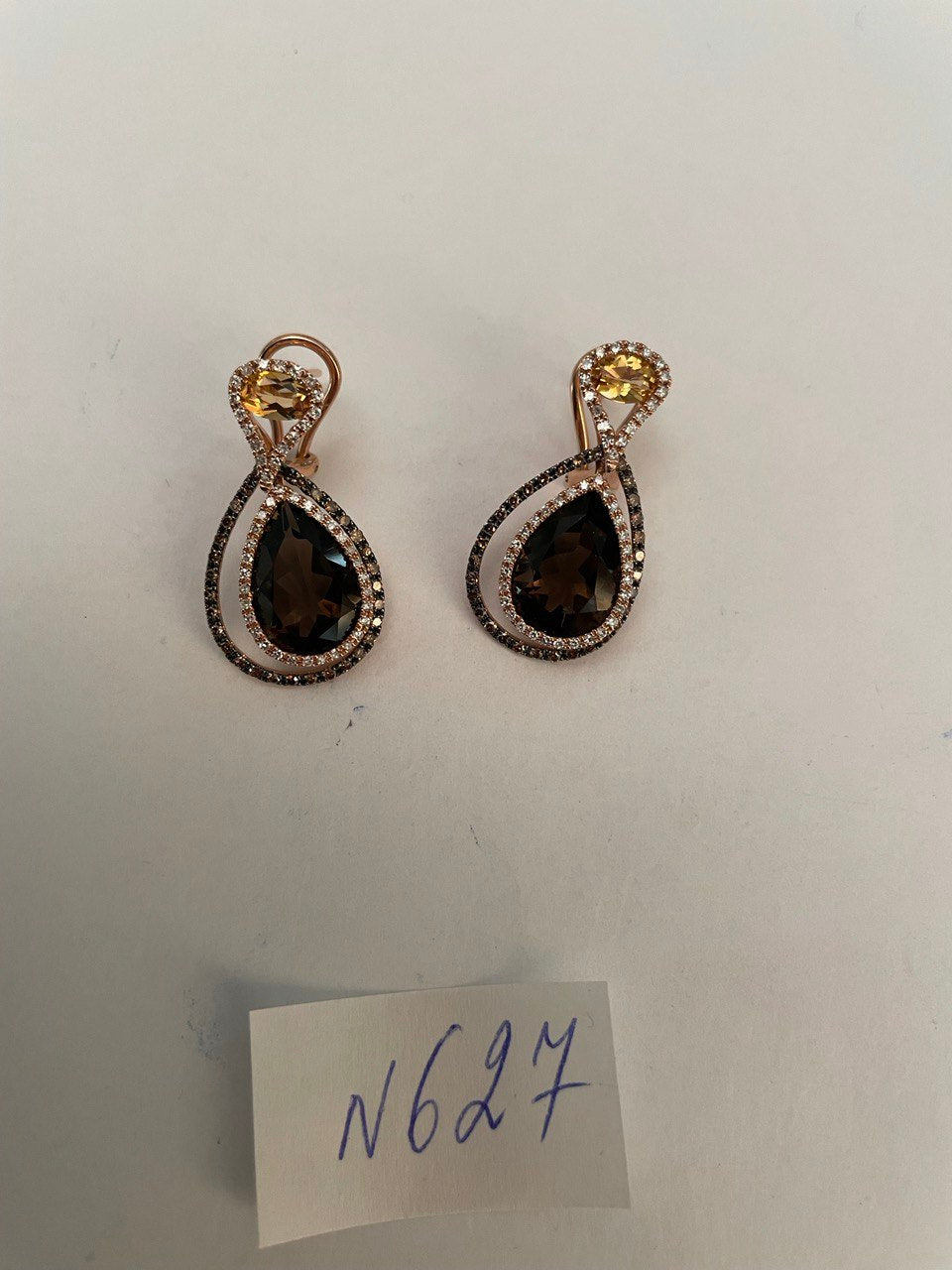 Orange Amber Citrines Brown Smoky Quartz 14K Yellow Gold Diamond Halo Earrings