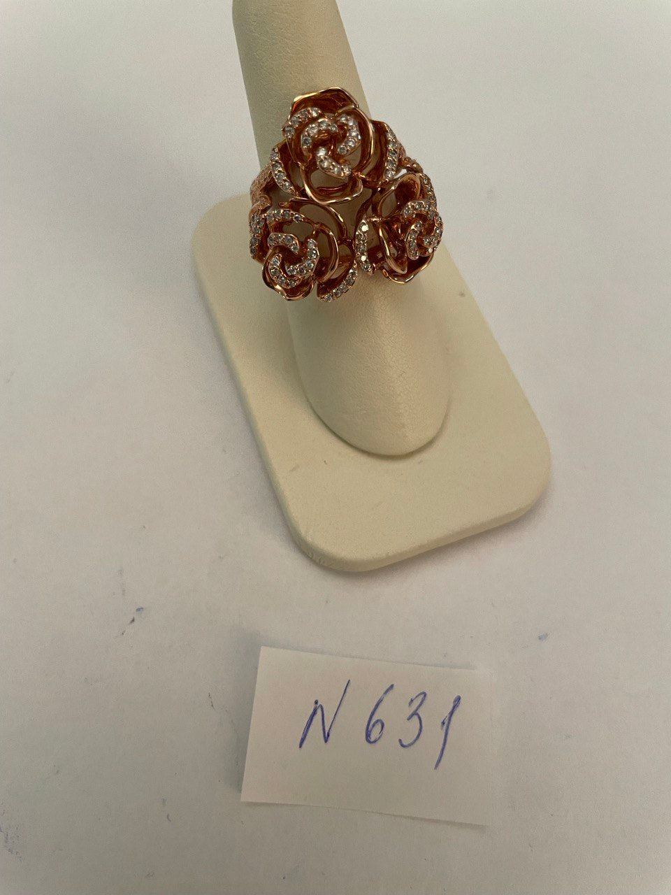 Rose Floral Flower Petals Diamond Pave Set 14K Rose Gold Statement Romantic Ring