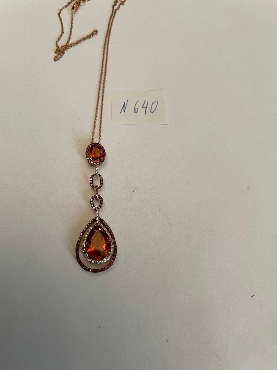 Amber Orange Pear Teardrop Shape Champagne Diamonds Halo Gold Pendant Necklace