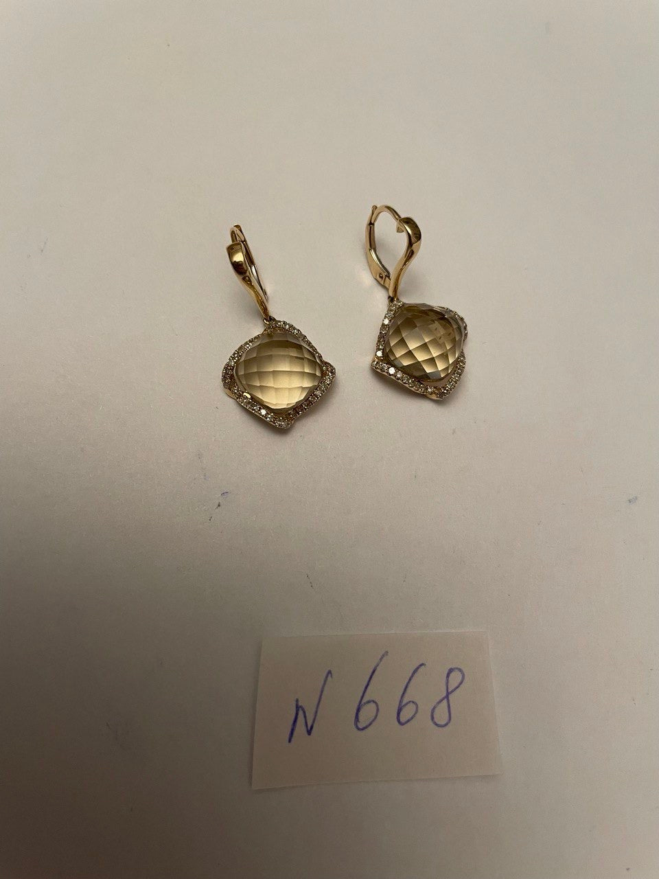 Lemon Quartz Checkerboard Diamond Halo 14K Yellow Gold Statement Earrings