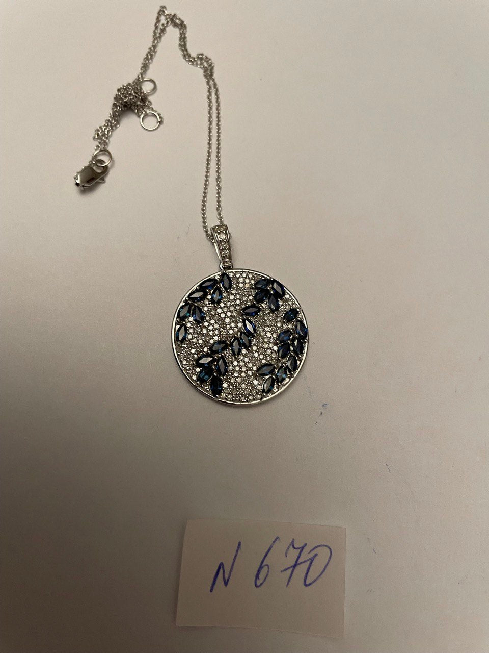 Blue Sapphire Marquise Shape Diamond Pave White Gold Pendant Medallion Necklace
