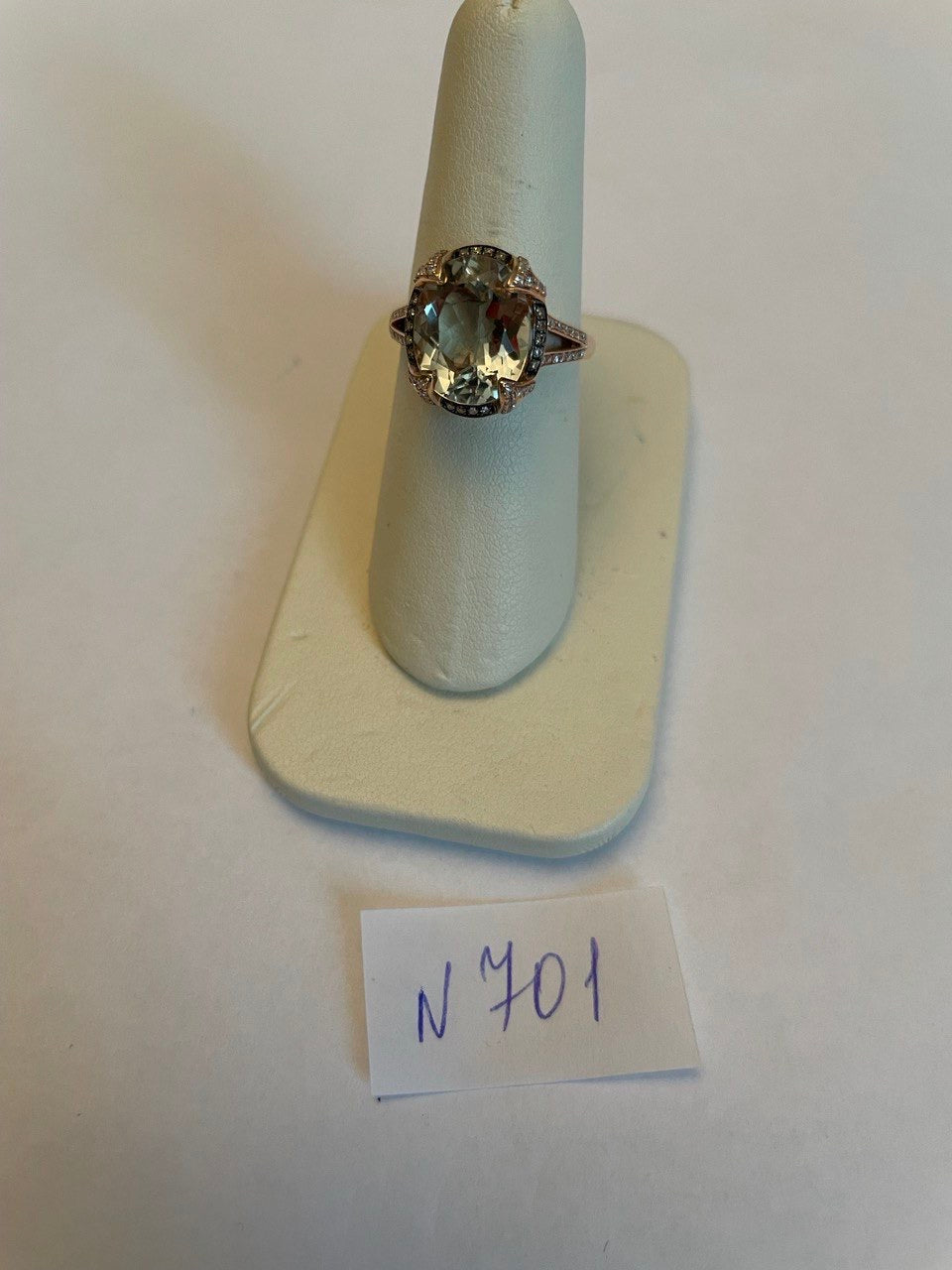 Oval Shape Green Amethyst Prasiolite Diamond Halo 14K Rose Gold Statement Ring