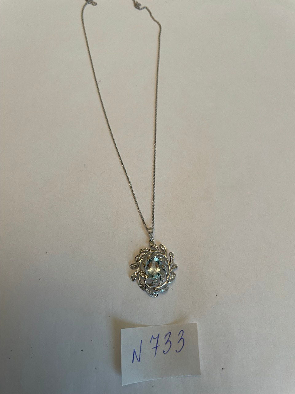 Oval Shape Blue Aquamarine Leaf Leaves 14K White Gold Diamond Pendant Necklace